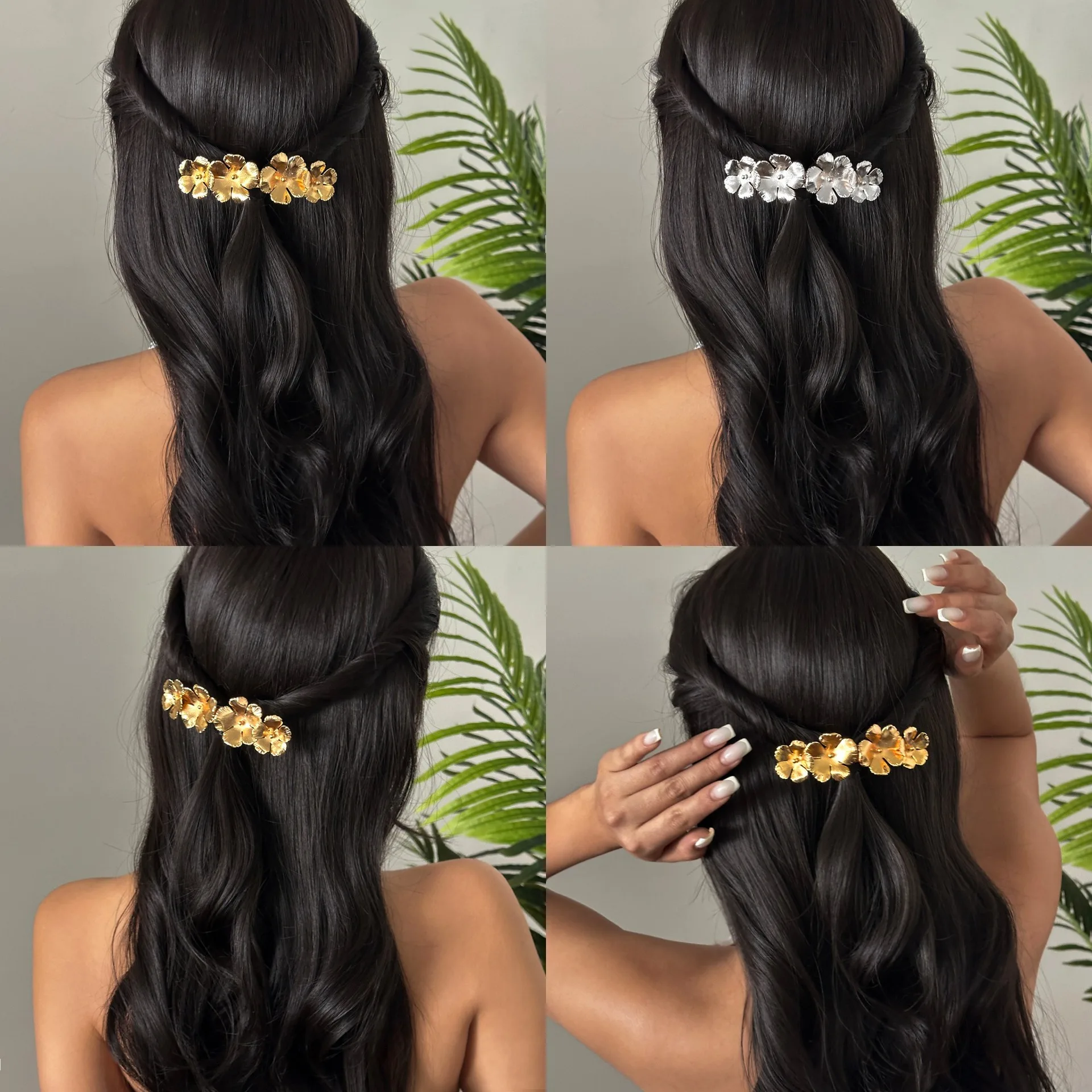 

1pc Fashionable, Retro, Simple, Elegant One-piece Clip with Golden Leaves and Flowers