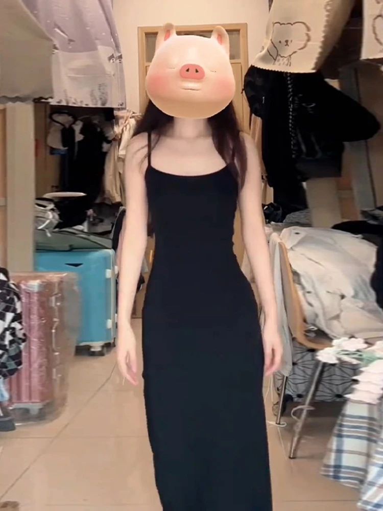 Bla Strapl Schlankmachendes Sommer-Dr. Sexy Hepburn Langes Kleid Damenmode Koreanisch Hohe Taille Polyesterfaser Baumwolle B...