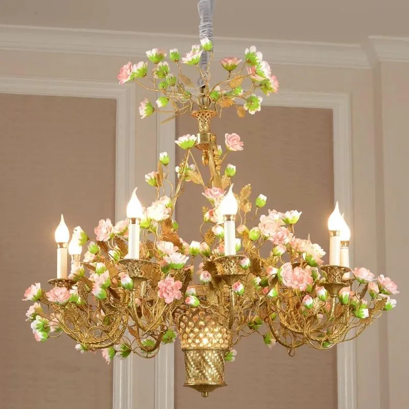Handmade romantic French court style floral chandelier brass ceramic floral wedding lamp luxury banquet hall