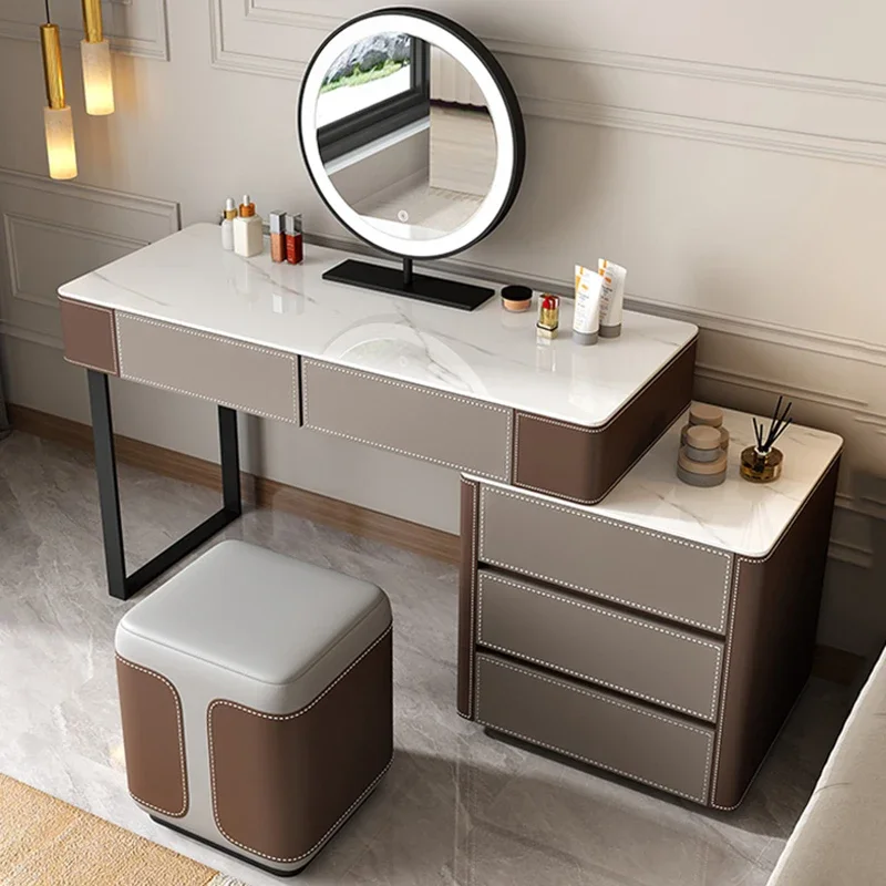 Cômoda dourada estética de couro, luxo, penteadeira, espelho, madeira, moderna, móveis para quarto