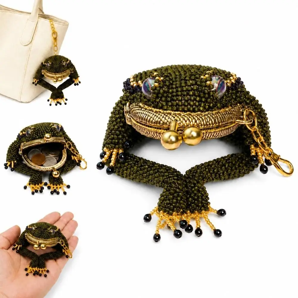 Mini Charming Frog Coin Purse 3D Cartoon Style Beaded Keychain Coin Purse Kiss Lock Closure Frog Keychain Pouch