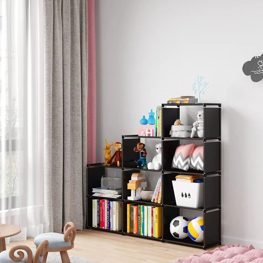 Vertical 9-Cube Storage Unit for Books and Decor, Dual-Tiered Black Shelving Rack for Living Spaces
