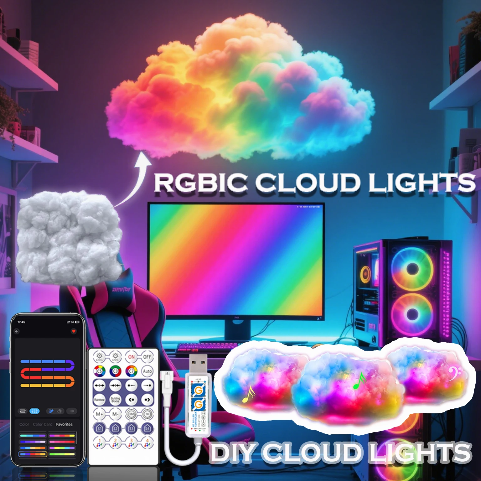 Kit d'éclairage cloud 3D avec synchronisation de musique, bande lumineuse LED RGBIC multicolore, télécommande et contrôle par application, éclairage d'ambiance pour chambre à coucher