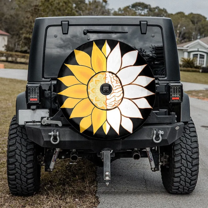 Sunshine Brain Mandala Spare Tire Cover Camper, Sunflower Spare Tire Cover, Personalized Gift For Car Lover, Car Accessories