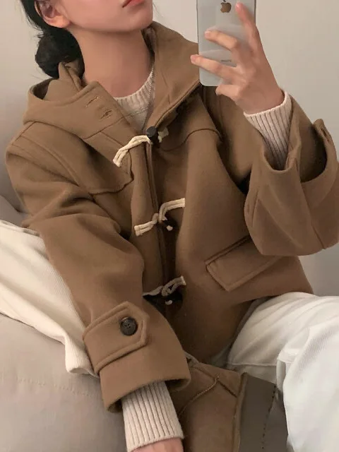

Retro Button up Hooded ort Woolen Coat Women Chic Winter New Sle College Plaid Jaet French Sle Loose Fit Ladies Coat