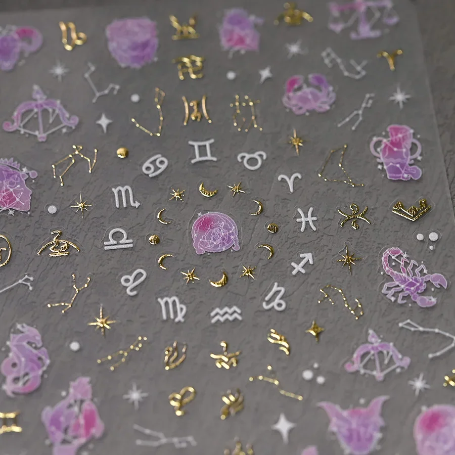 Twelve Constellation Totem Star Moon Pisces Aries Scorpio Gold Silver Stamping 3D Self Adhesive Nail Art Sticker Manicure Decals