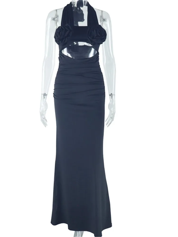 러치드 롱 드레스 여성 2025 가을 겨울 트렌드 민소매 홀로우 아웃 헴 미드나잇 클럽웨어 파티 맥시 바디콘 드레스
