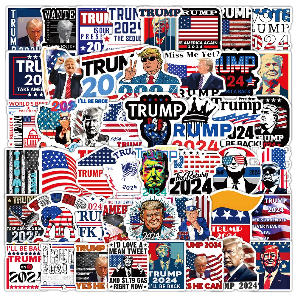 53 buah 2024 baru stiker kotak alat kulkas Skateboard dekoratif US Trump