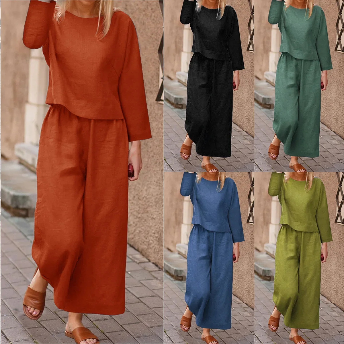 Autumn Casual Large Size Set Loose Solid Color Long-sleeved Shirt and Trousers Two-piece Set for Women