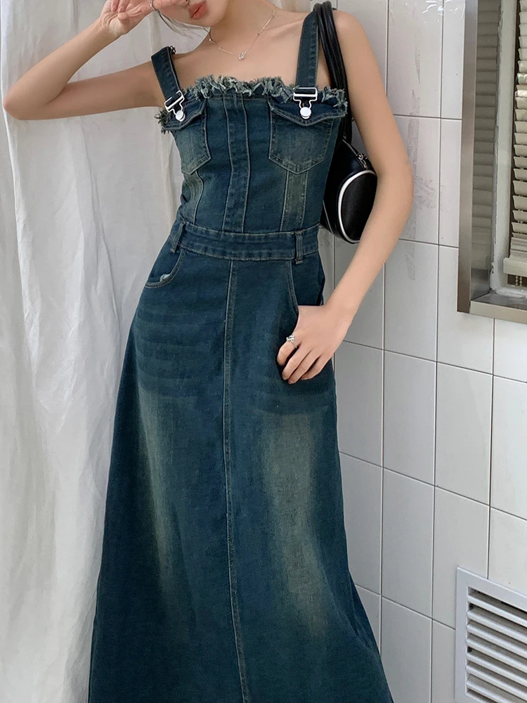 Vintage Fashion Jeans Sundress Spaghetti Strap Denim Dress Women Tissel Sqaure Collar Sleeveless Tank Dresses Long Dress Maxi