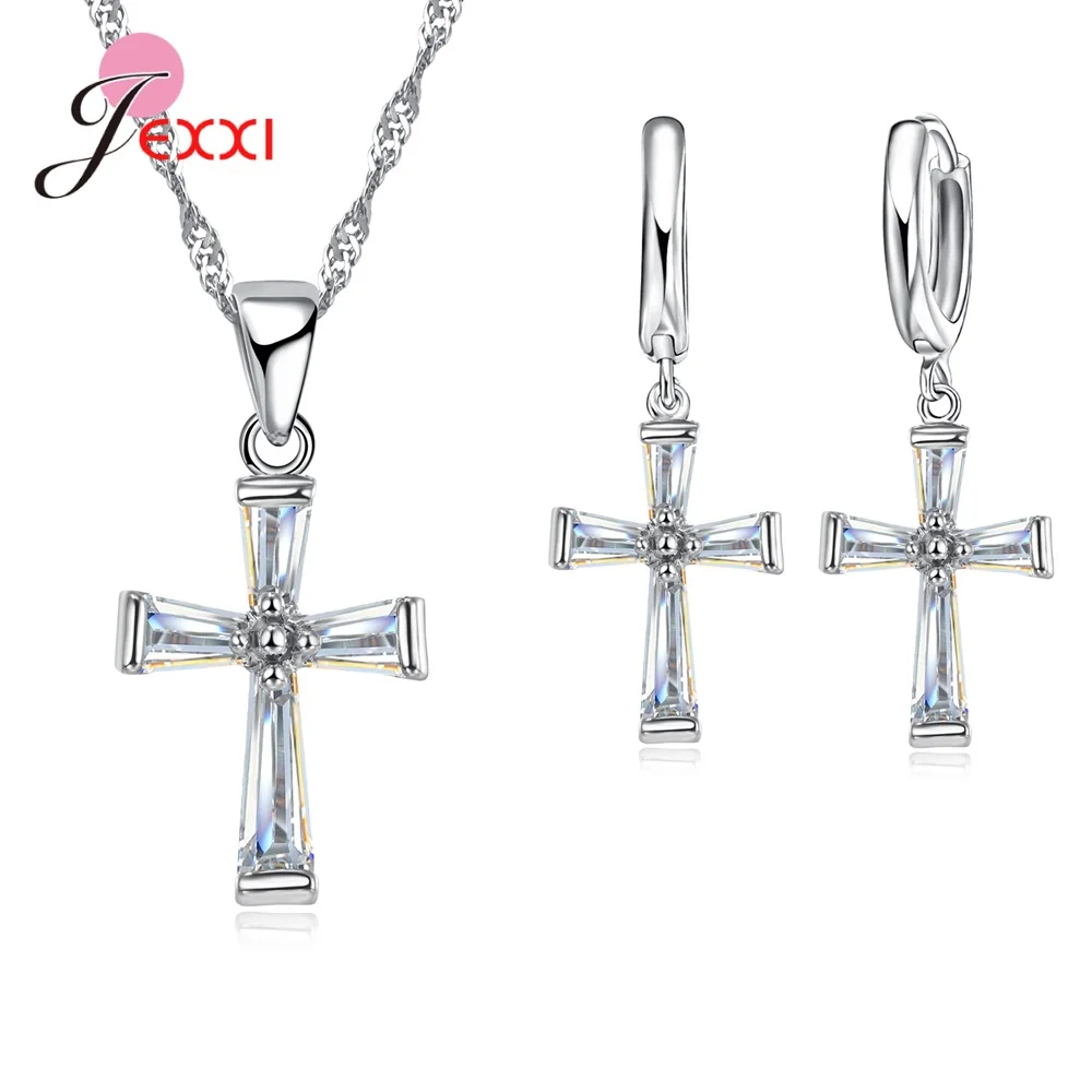 

Luxury 925 Sterling Silver Crystal Cross Pendant Jewelry Sets Earrings Necklaces For Women Girls Christians' Jewelry