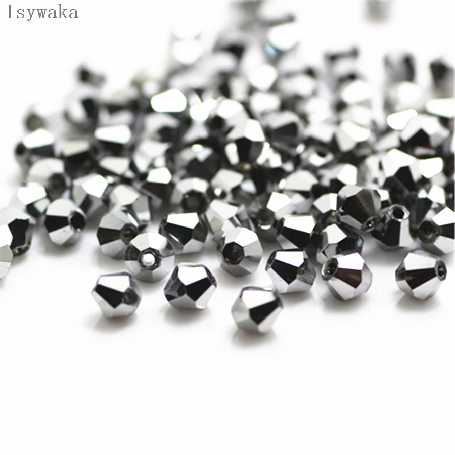 Isywaka Shining silver Color 100pcs 3mm Bicone Austria Crystal Beads Glass Beads Loose Spacer Bead for DIY Jewelry Making