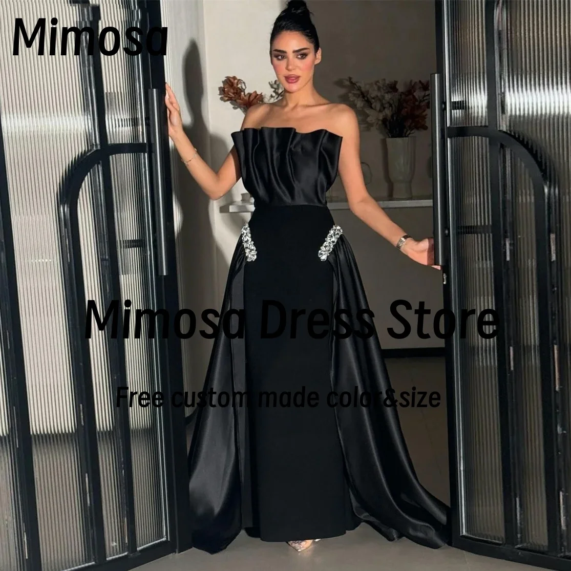 Mimosa Black Sheath Prom Dresses Crystals Flutters Train Vestidos Des Noches Ruched Strapless Evening Party Dress Customized