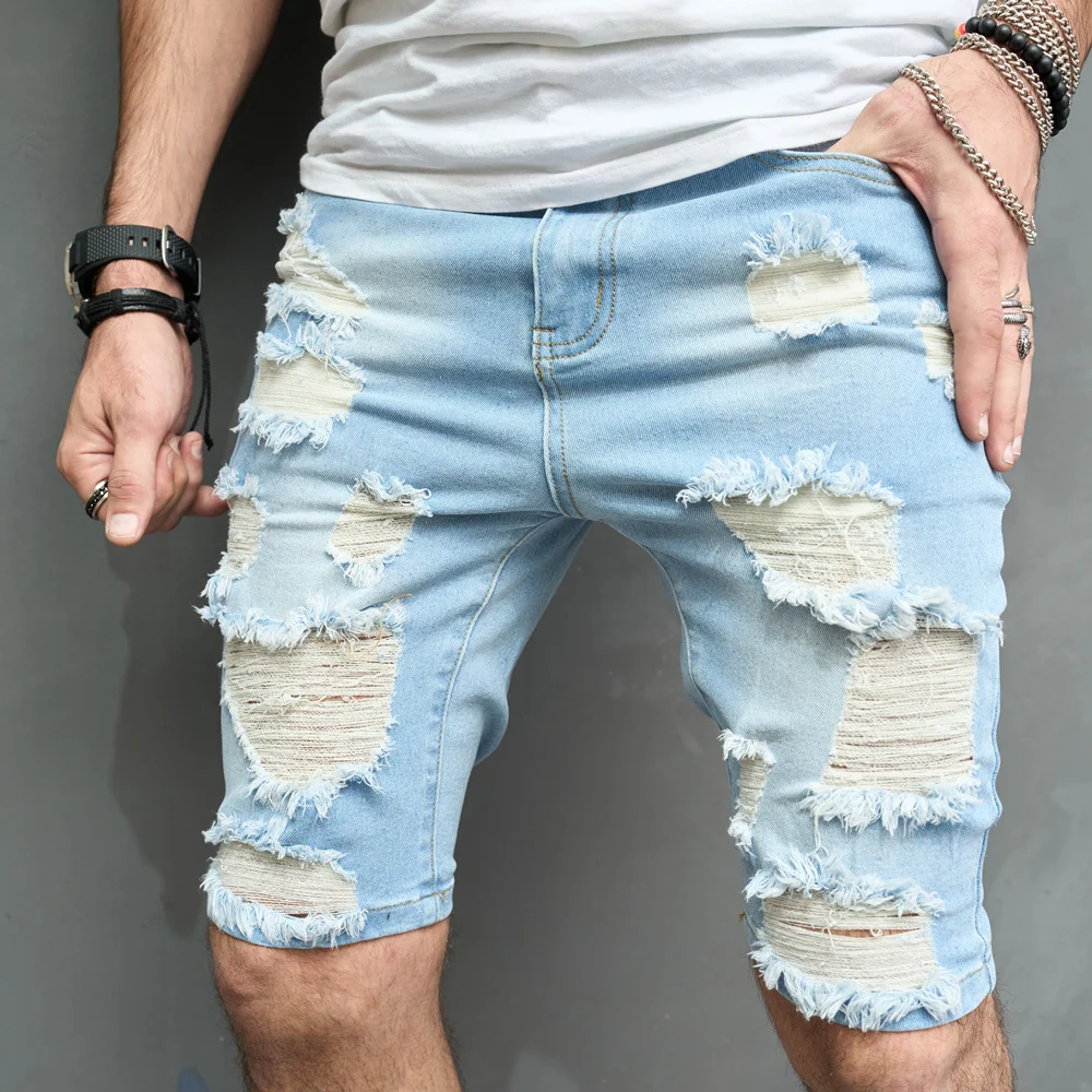 Summer Men Stylish Holes Slim fit Denim Shorts Solid Cotton Casual Male Beach Five-point Pants Jeans Shorts