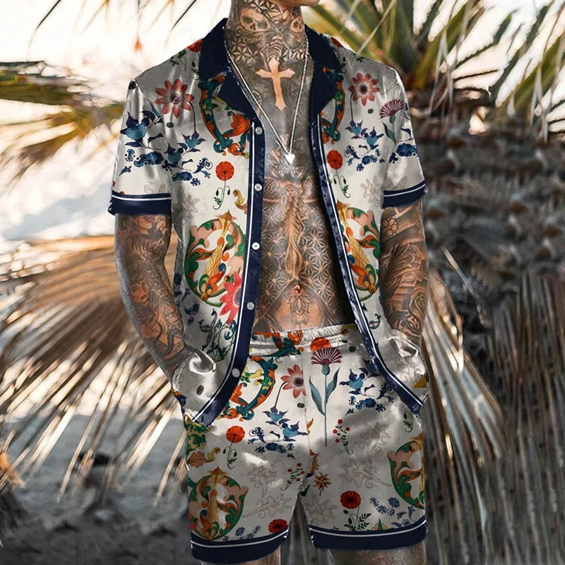 Retro ethnischen Stil Männer Shirt setzt 3D-Druck Blumen Kurzarm lässig übergroße Strand Shorts Sommer Streetwear Mode Anzüge