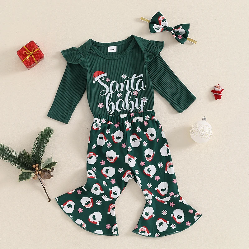 VISgogo 0-18Months Baby Girls Christmas Outfits Letter Print Long Sleeves Romper and Santa Flared Pants Headband 3 Piece Clothes