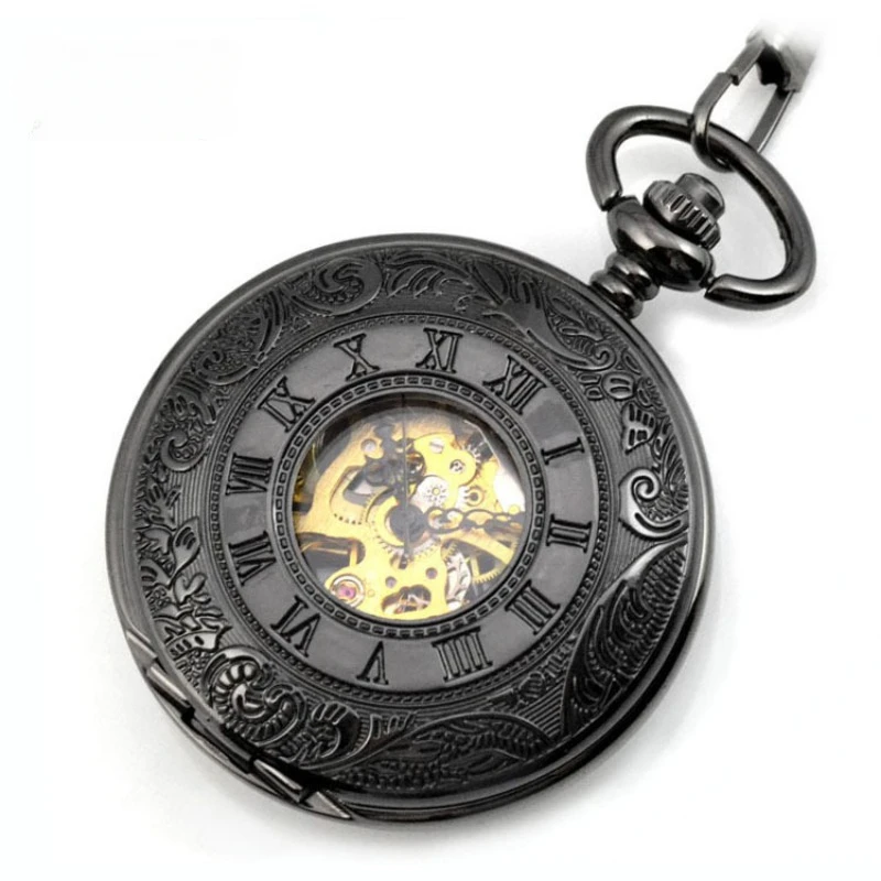 Black Double Open Case Carved Hollow Steampunk Men's Hand Wind Mechanical Movement Pocket Watch With Fob Chain Nice Xmas Gift