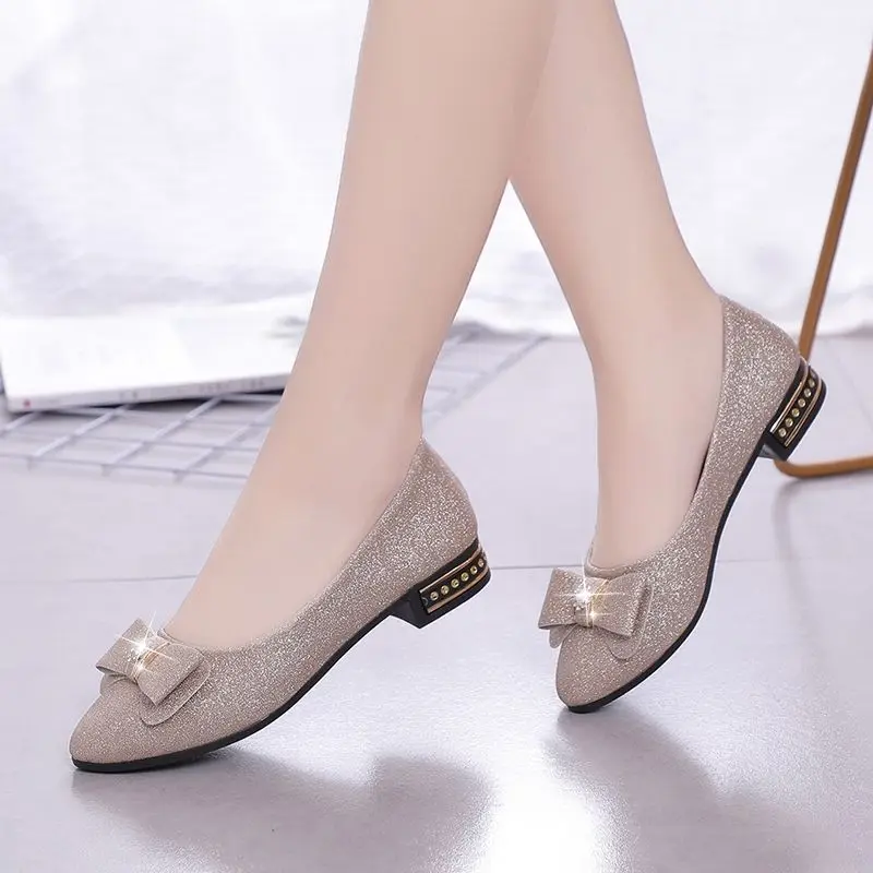 Sequin Leather Mid-Heels Lady Pointed Toe Thick Pumps Top 2023 Girls Cool Party Casual Shoes Woman Cheap Zapatos