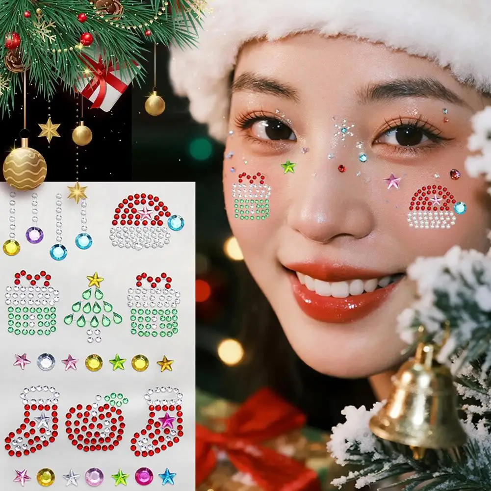 Gemme natalizie per il viso, adesivi con strass autoadesivi per occhi e guance, trucco scintillante per feste per il palcoscenico di Capodanno G7R6