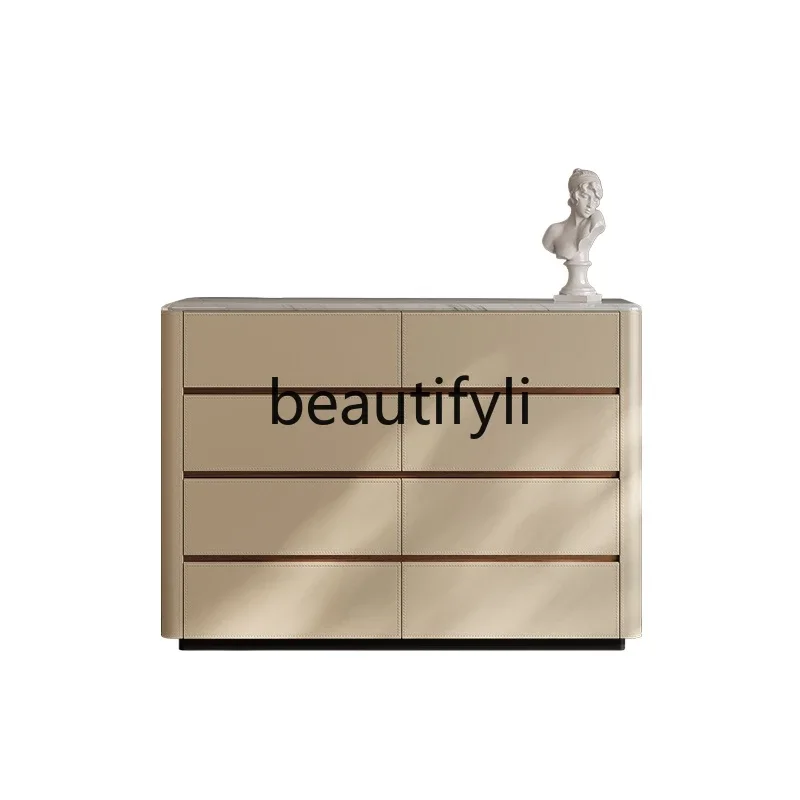 

Natural marble, bedroom high TV cabinet, modern household saddle leather, bedside storage cabinet