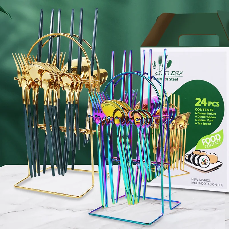 24 pcs Portuguese style tableware Stainless steel knife fork and spoon storage rack gift box gold cutlery set dinnerware set