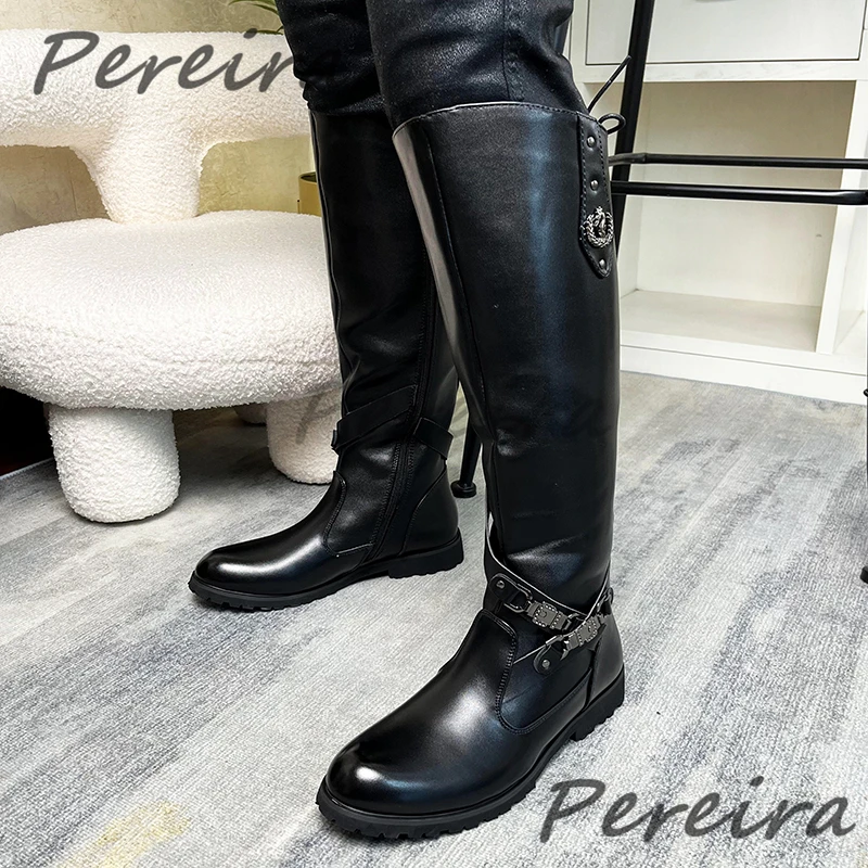 

Autumn Winter British Style Men's Knight Boots Retro Pointy Toe Metal Buckle Thick Soled Zipper Long Boots Versatile Men Shoes