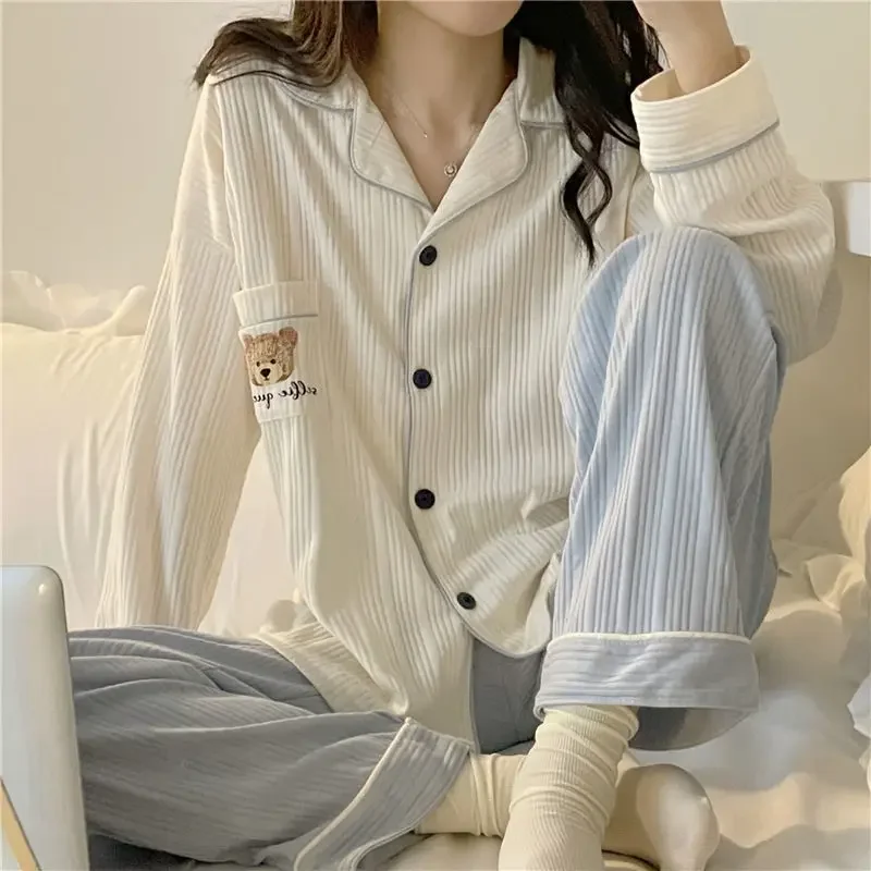 Japanese Style Women's Pajama Set Sweet Simple Student Bear Cute Cartoon Spring Autumn/winter Cardigan Homewear V-neck