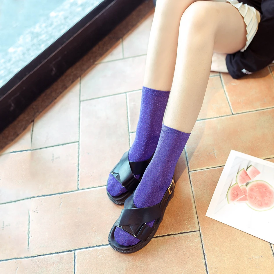 Harajuku Shiny Glitter Socks Women Fashion Candy Color Stockings Cute Sparkly Socks Female Bright Gold Silver Silk Loose Socks