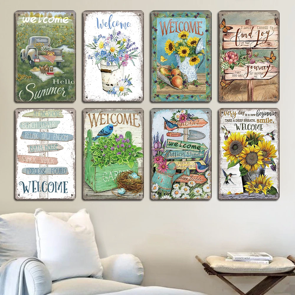 Vintage Welcome Poster Metal Tin Signs Flowers Birds Car Metal Plaque Wall Decor for Cafe Home Garden Farm Beach Hut