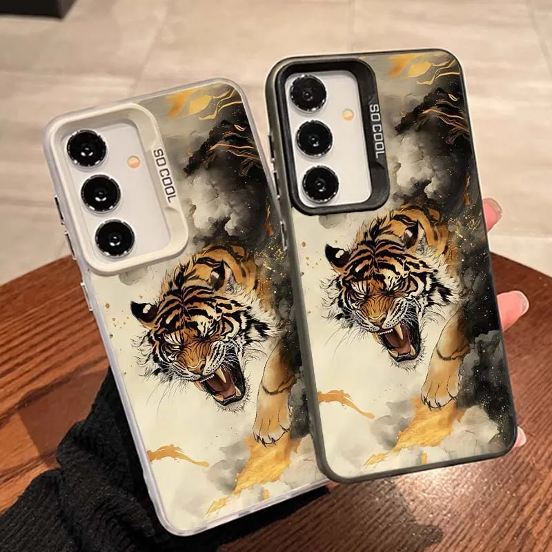 Roaring Tiger Ink Painting For Samsung Galaxy A15 A14 A13 A12 A11 A10 A06 A05 A04 A03 A02 A04s A04e Colored Silver Phone Case