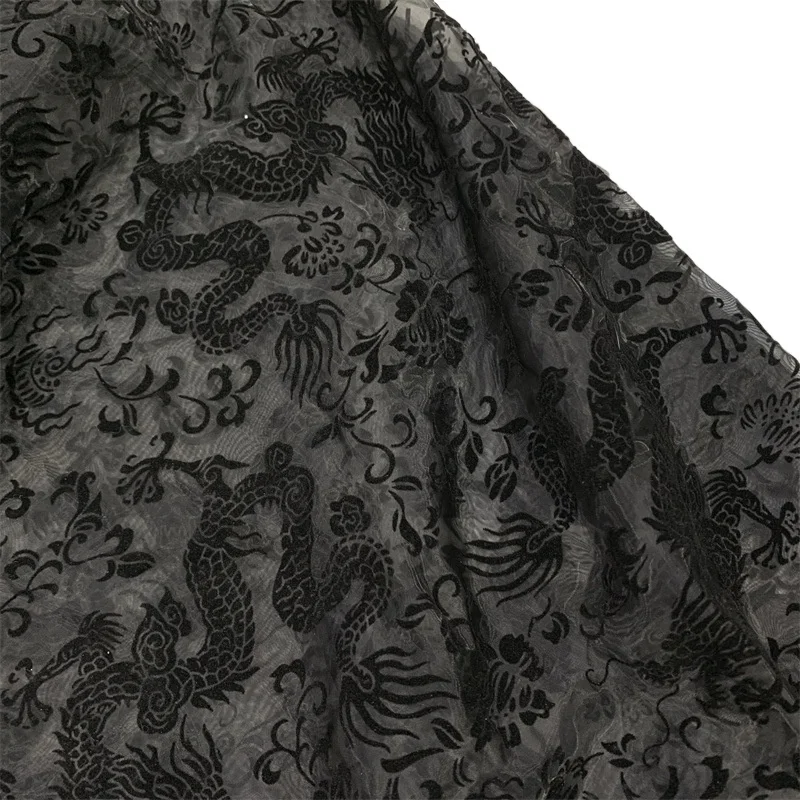 1yard Dragon Pattern Organza Flocking Fabric Flocked Yarn Gauze Fabrics for Chinese Style Material Dress Cheongsam Hanfu Scarf
