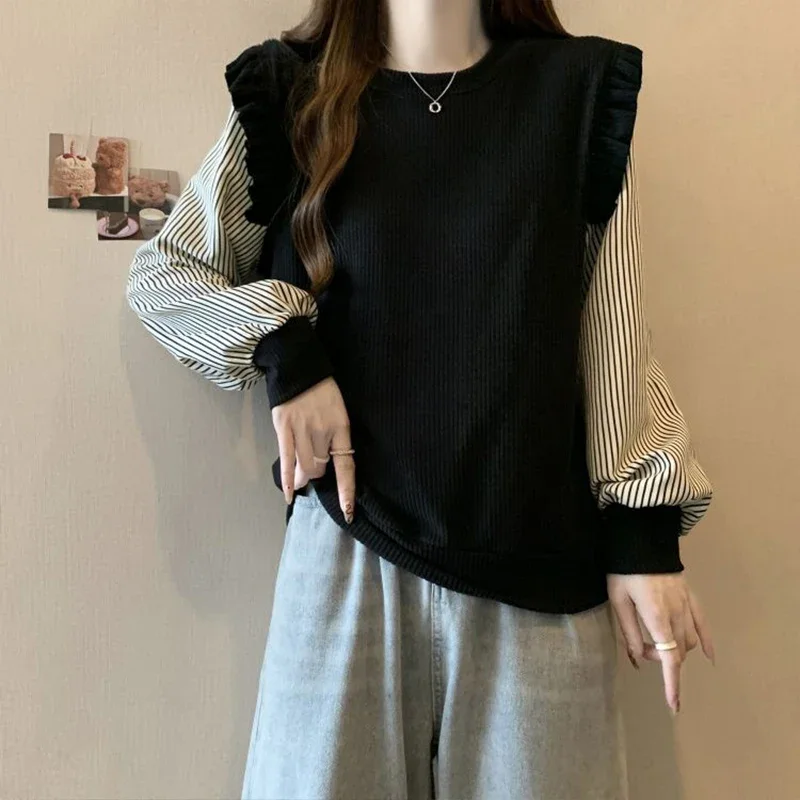 French Style Long Sleeved Spliced Hoodie for Women's Spring Autumn New Temperament Slim Fake Two Piece Versatile Commuting Top