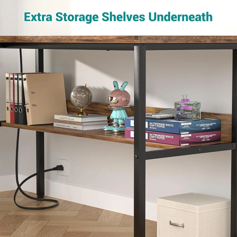 Modern Corner Desk with USB Ports and Power Outlets, Sturdy L-Shaped Computer Desk for Home Office with Storage Shelf