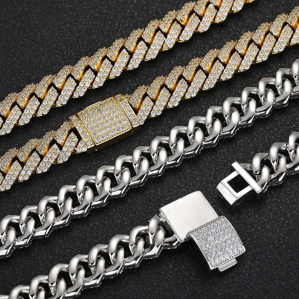 Fashion Hip Hop Men Jewelry Cuban Chain 12mm Width 2 Rows Stone 5A Zircon Stone Copper High Quality Cuban Link Chain