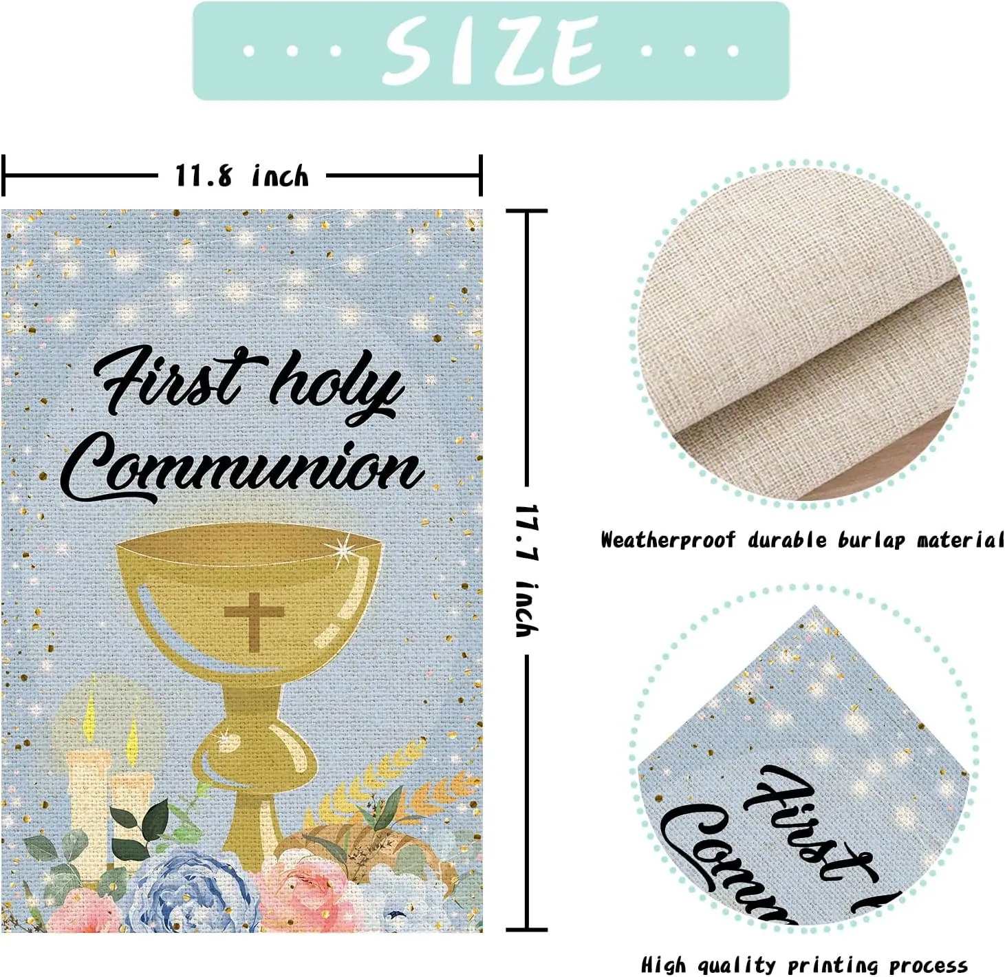 First Holy Communion Garden Flag, Burlap Vertical Double Sided, Mi Bautizo/Baby Shower/Baptism Yard Sign, God Bless this Child F