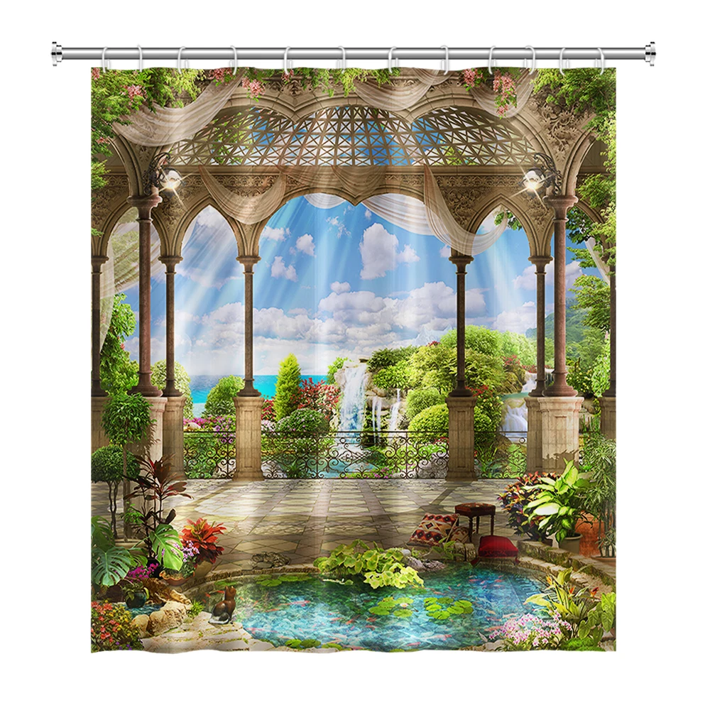 Rural Landscape Shower Curtains Creek Stone Lotus Buddha Bath Curtain Natural Scenery Waterproof Bathroom Home Decor with Hooks