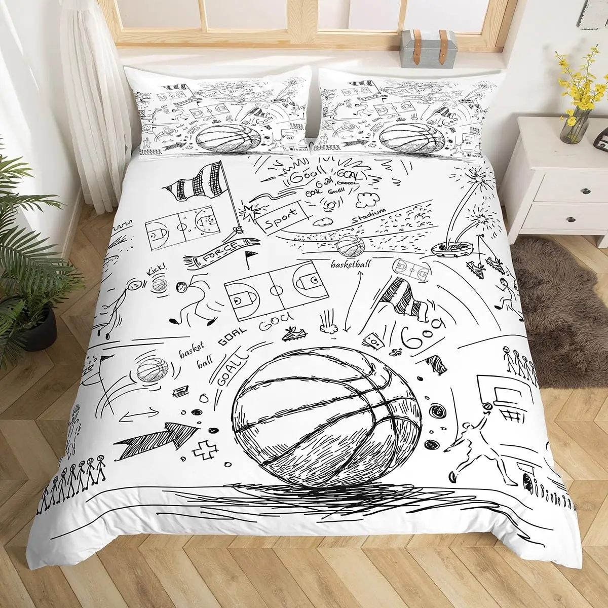Basketball Duvet Cover Twin Queen for Boys Teens Bedroom Sports Games Bedding Set Rustic Farmhouse Wooden Board Comforter Cover