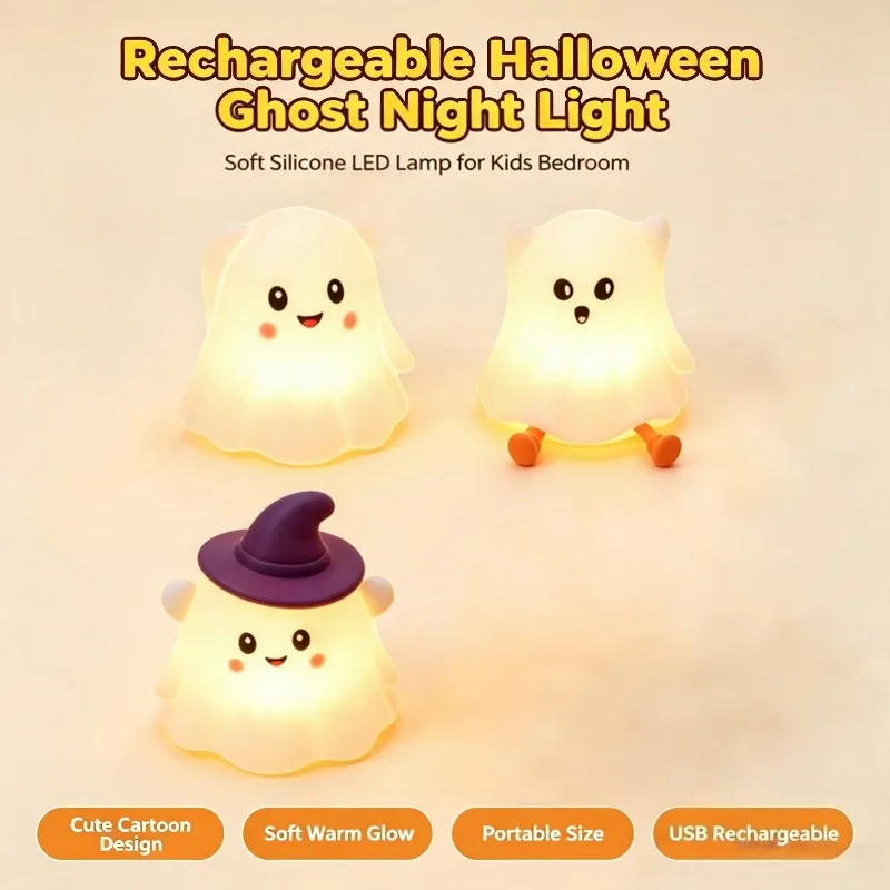Halloween Ghost LED Night Light, Rechargeable Soft Silicone Lamp for Kids Nursery Bedroom Decor