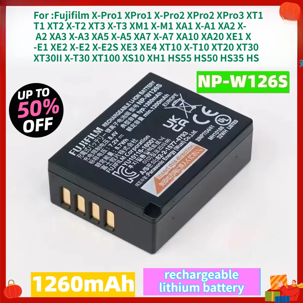 1260mAh 8.4V NP-W126S Replacement Battery for Fujifilm XE2 XE3 XE4 XT2 XT3 XT10 XT20 Camera Rechargeable Lithium Battery