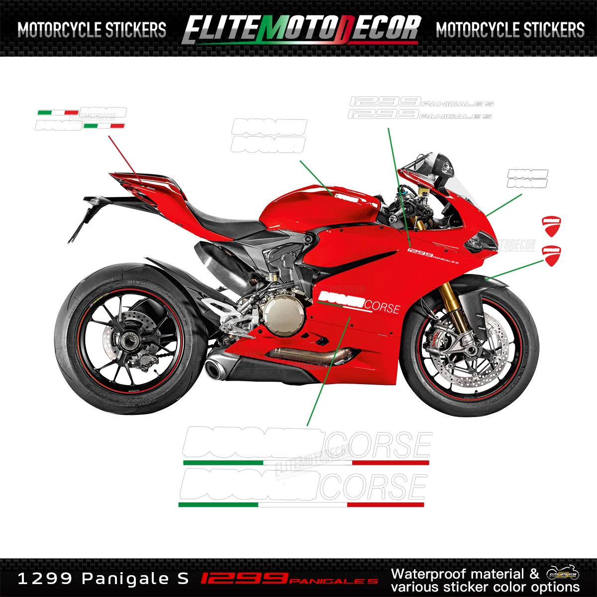 

Для Ducati 1299 Panigale S полный обтекатель наклейка на корпус наклейка трехцветный дизайн логотип Corse для нижнего обтекателя мотоцикла