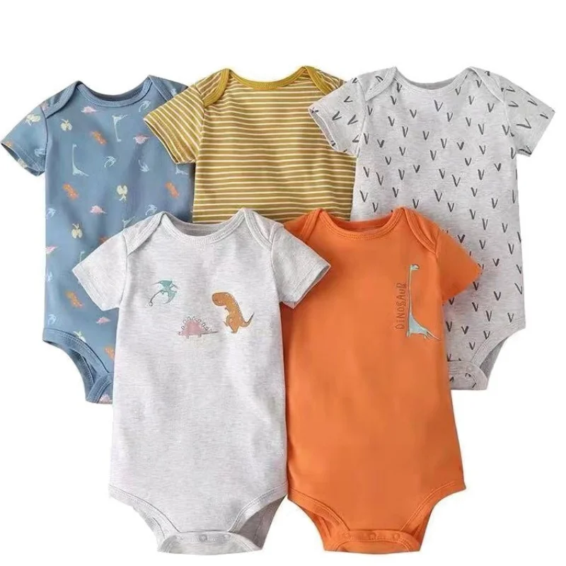 Newborn Boys Romper New Summer Girl Bodysuit Clothing Soft Baby Clothes Jumpsuits Cotton Set Cartoon Print Solid Color Bebe 5Pcs