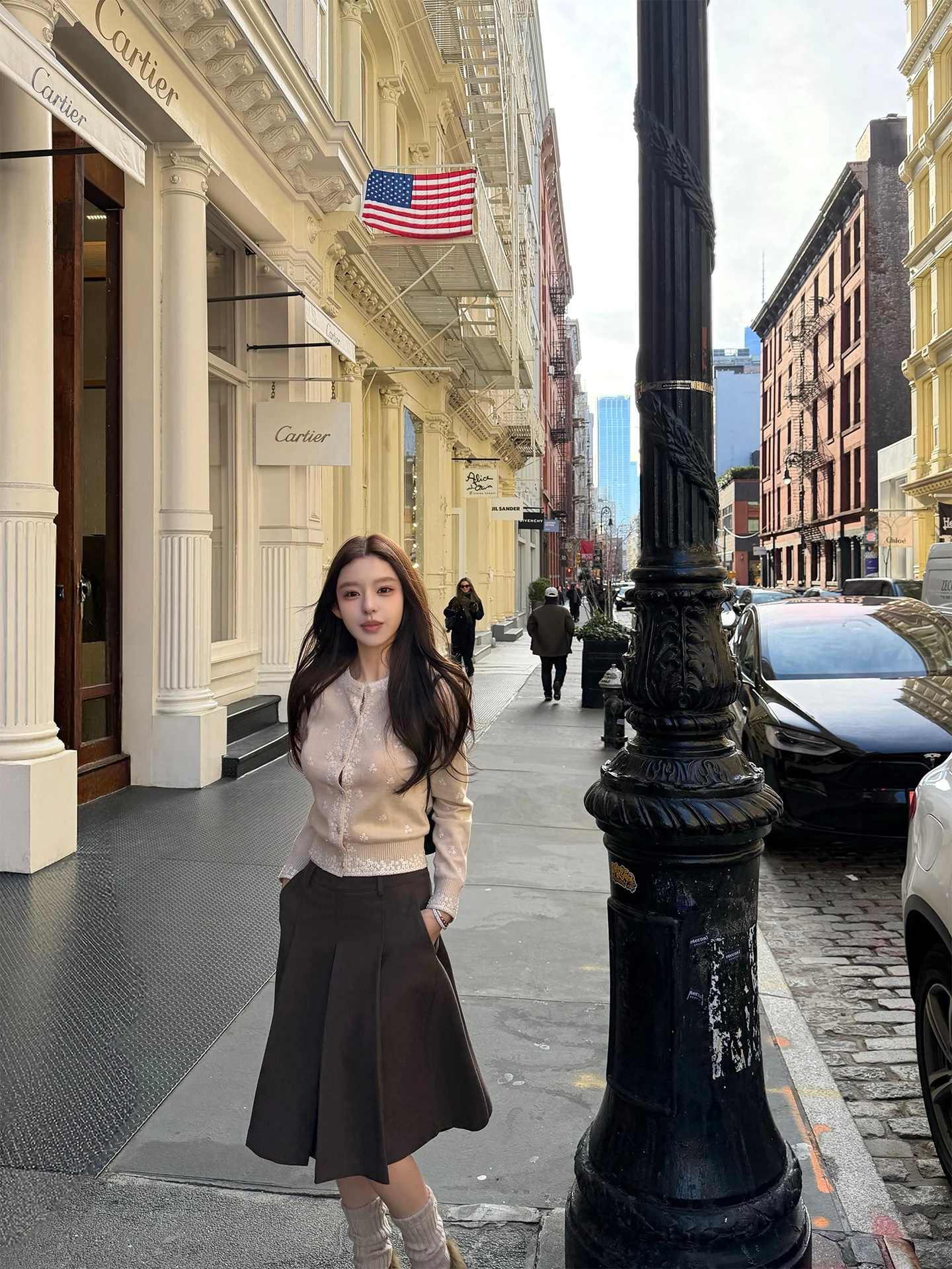 

Повседневная модная плиссированная юбка средней длины из шерсти для города, на каждый день, с воротником-стойкой, на молнии, для женщин