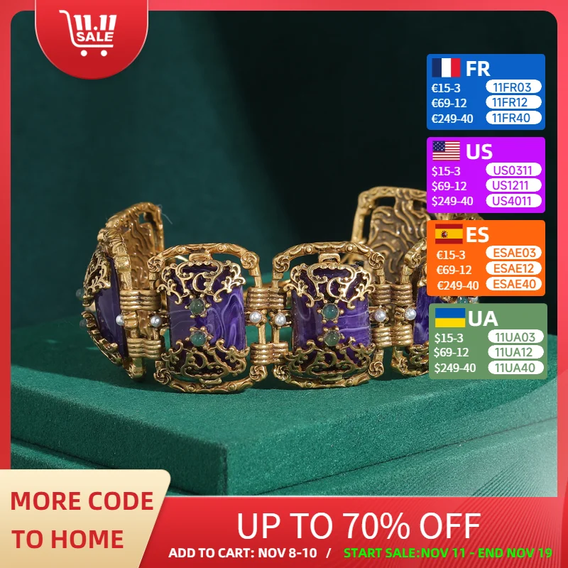 

Vintage Purple Bracelet Natural Stones Quartz Amethyst Antique Gold Color Charm Accessories Luxury Designers Jewelry 2025 New
