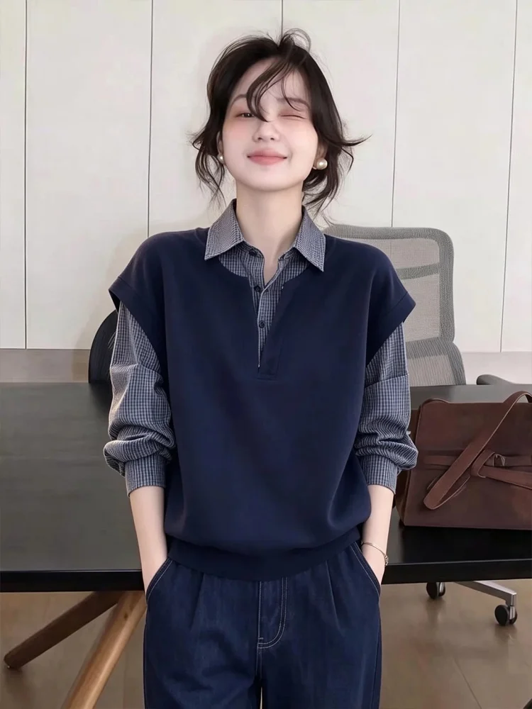 plus Size Striped Shirt Women Long Sleeve Spring Autumn New Style Conceal Meat Slim Splicing Top Commute Style Korean Version