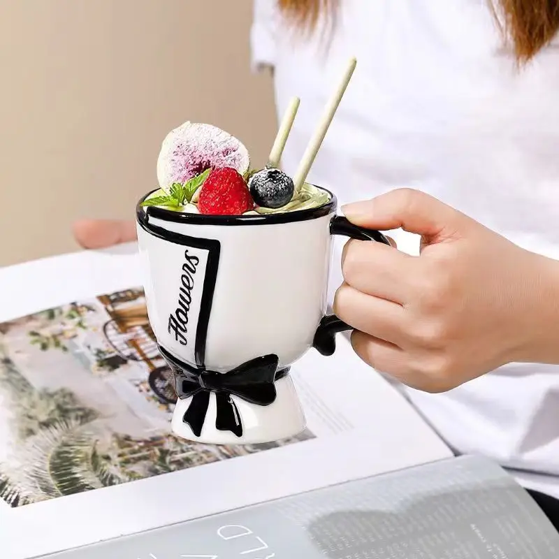 

Cute Hand-painted Bow Flower Mug Korean Simple Ceramic Cup Household Niche Water Cup Coffee Cup Milk Cup Juice Drink Cup