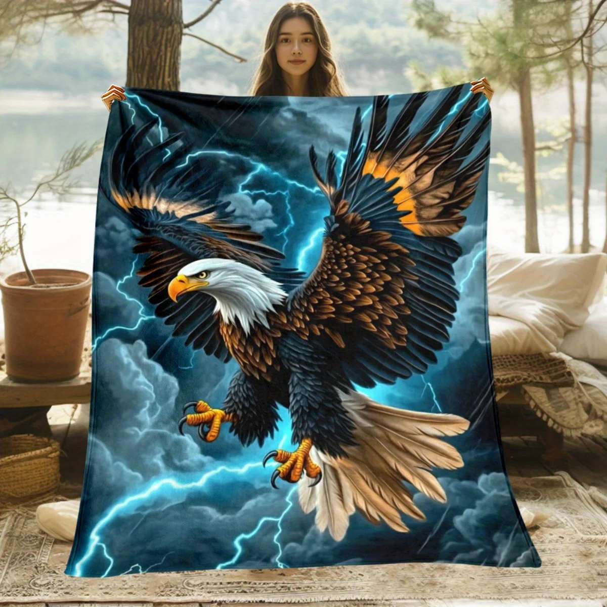 Printed Eagle Fleece Blanket Thunder Lightning Storm Eagle Throw Blankets Soft Warm Bedding for Sofa Bed Home Decor Living Room