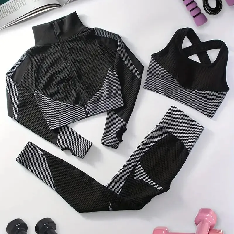 Women's Fitness 3-Piece Breathable Long-Sleeved Jacket Hollowed-Out Sports Bra High-Waisted Leggings Sports Yoga Suit