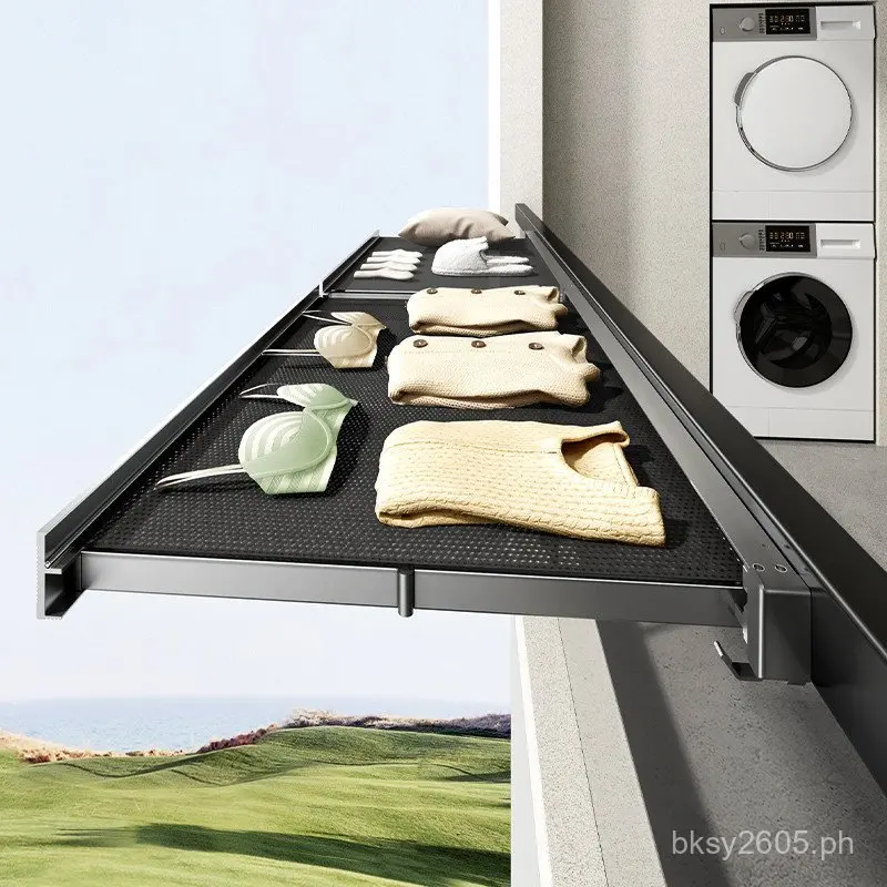 Aluminum balcony retractable space-saving shoe drying net, foldable invisible clothes rack, perforated for drying clothes