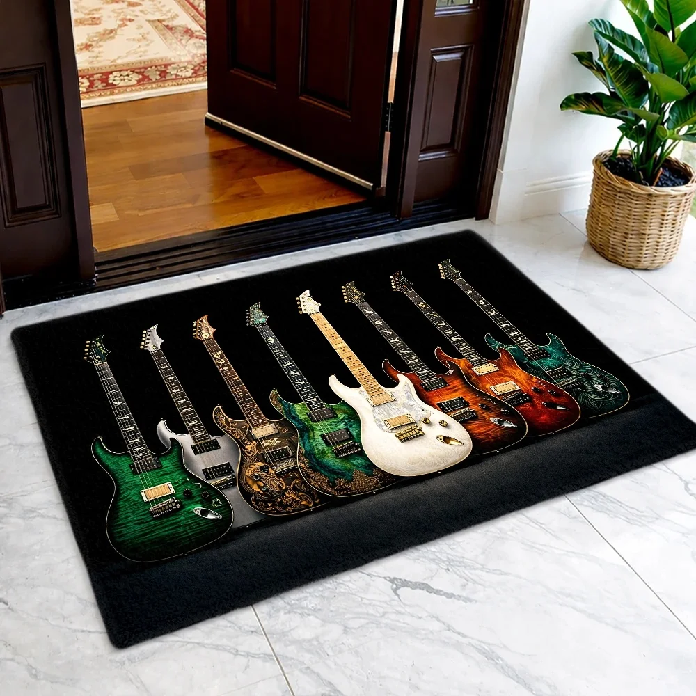 2D Flat Electric Guitar Pattern Flannel Carpet, Rock Music Theme Decorative Mat, Suitable for Bedroom And Living Room Floor Decoration
