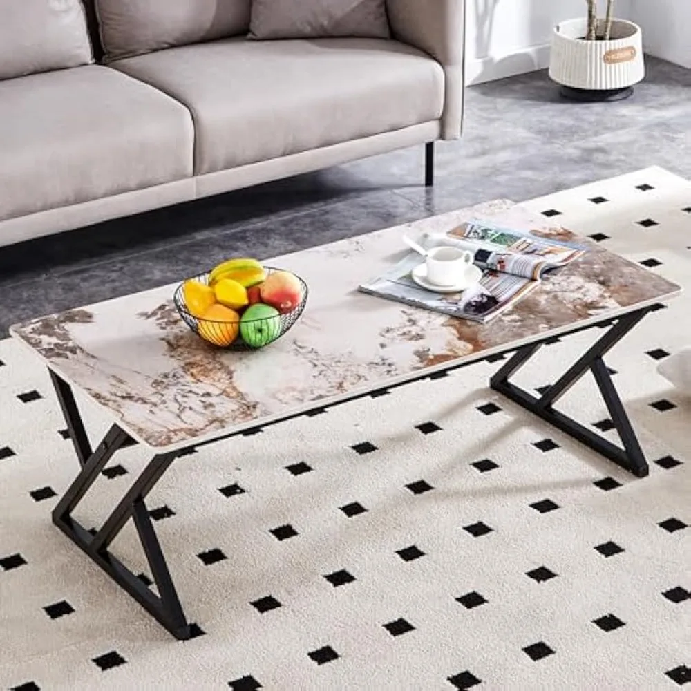 

A Modern Minimalist Style Marble Patterned Coffee Table with Black Metal Legs. Computer Desk. Game Table. Tea Table.